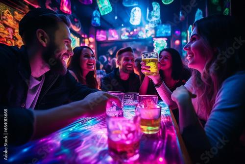 group of friends with peculiar outfit portrait, outdoor scene night freetime, drinking beer together, neon color vibes