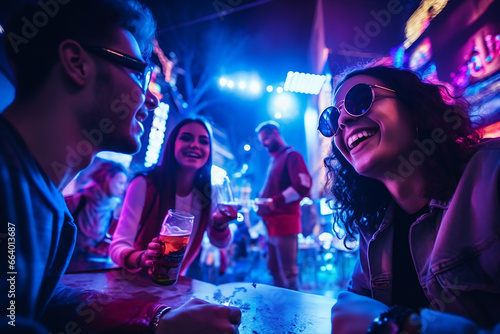 group of friends with peculiar outfit portrait, outdoor scene night freetime, drinking beer together, neon color vibes