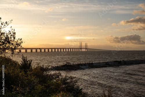 Øresund bridge at sunset with gale storm blowing