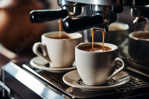 Coffee machine pouring espresso coffee, close up.