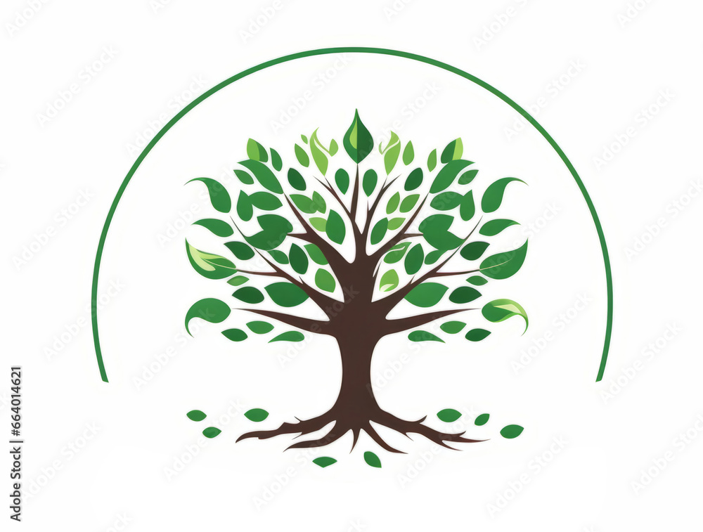 Logo of a simple tree with pointed leaves and a semicircle surrounding it, with leaves next to the roots. Concept of natural medicine, ecological and organic products. Isolated on white background. Logo of a simple tree with pointed leaves and a semicircle surrounding it, with leaves next to the roots. Concept of natural medicine, ecological and organic products. Isolated on white background.