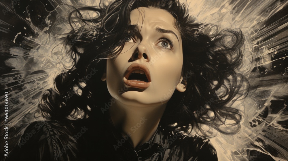 A vibrant portrait of a woman, her mouth agape in awe, adorned with a bold stroke of lipstick, radiating raw emotion and captivating the viewer with her powerful presence A vibrant portrait of a woman, her mouth agape in awe, adorned with a bold stroke of lipstick, radiating raw emotion and captivating the viewer with her powerful presence