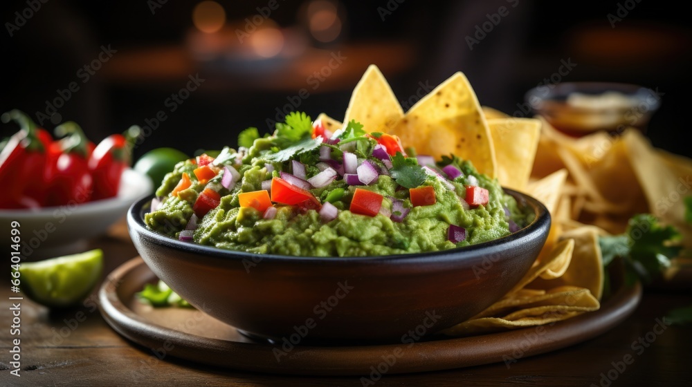 Guacamole and Chips: A close-up shot of a bowl of creamy guacamole with colorful tortilla chips, showcasing the rich texture and vibrant colors.