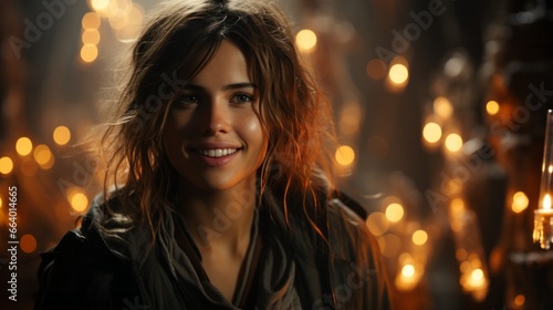 A beaming woman in fashionable attire poses for a portrait, her smile radiating warmth as she basks in the soft candlelight of an outdoor setting