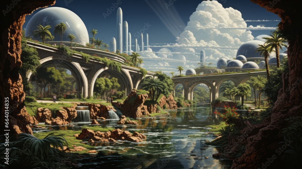 A towering bridge spans over a lively river, as a bustling city sits nestled in the background among vibrant trees and sprawling plants, all under a breathtaking sky