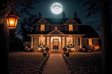 exterior of the house is decorated with harvest of pumpkins and leaves for halloween holiday, illumination, moonlight,autumn nature as background