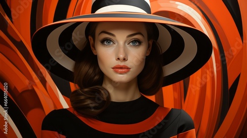 A striking portrait of a fashionable woman adorned with an orange headdress, her hat becoming a canvas for a mesmerizing display of art and individuality