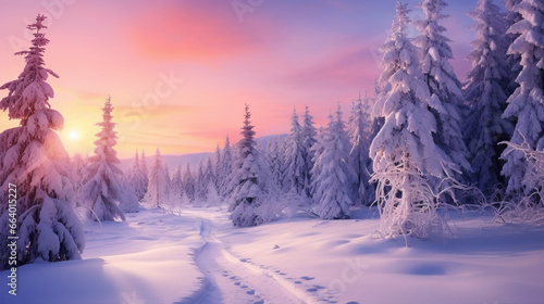 A stunningly vivid winter sunrise graces a picturesque, snow-laden wood.