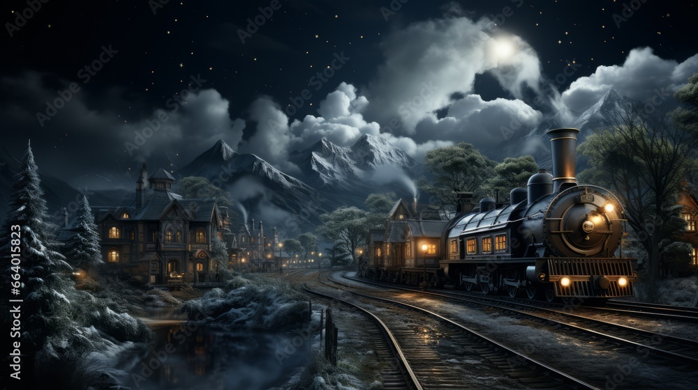 Amidst a smoky veil, the train chugs through the starlit night, passing by quaint houses and towering mountains, its locomotive billowing steam as it races along the endless railroad track