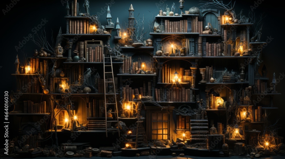 A city building stands tall in the night, its windows glowing with the warm light of candles and the promise of endless stories waiting to be read