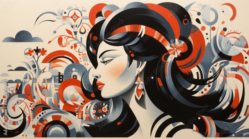 Obraz premium A fiery-haired woman's portrait bursts with vibrant energy through a fusion of intricate art, bold illustrations, and playful doodles, creating a striking and captivating piece of graphic artwork