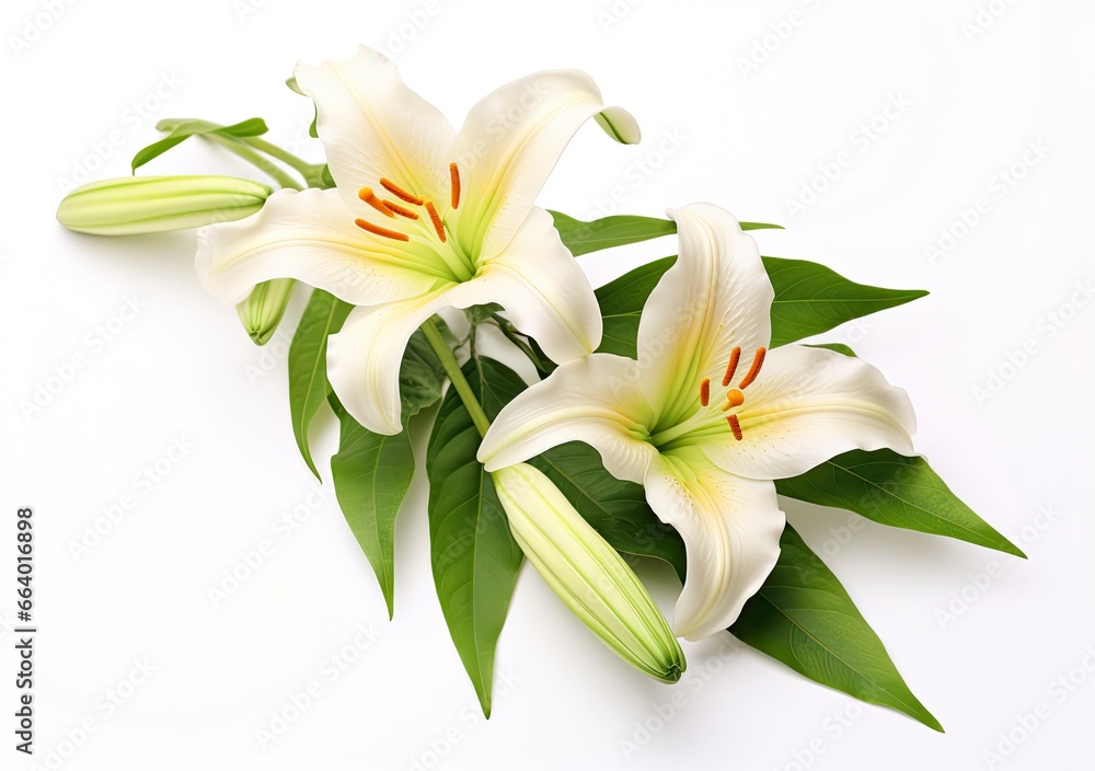 Beautiful fresh lily flower with green leaves, isolated on white background. Beautiful fresh lily flower with green leaves, isolated on white background.