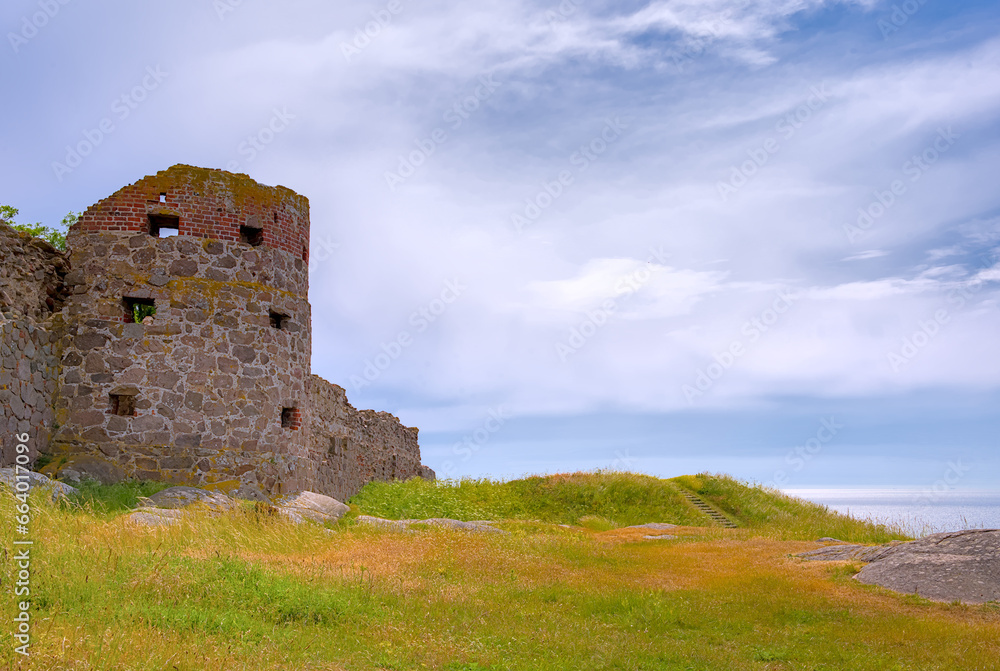 the tower of the  ruin of the ancient castle Hammershus in the north of Bornholm, Denmark

