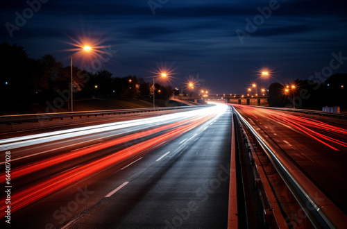 Blurred red and white lights on a highway, created by the headlights of passing cars.