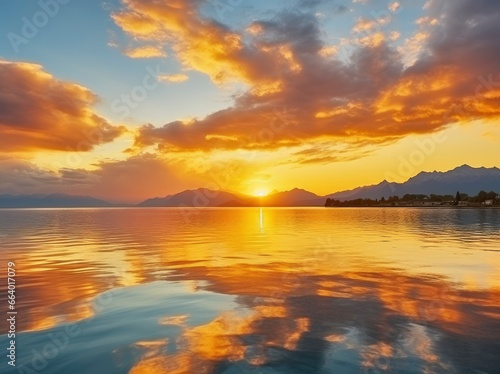 Bright sunset over Lake golden clouds reflect in the water. © ABGoni