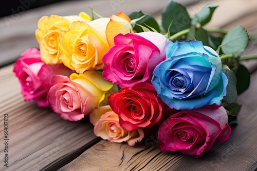 Bunch of multi colored roses on wooden planks  happy birthday lying on planks.