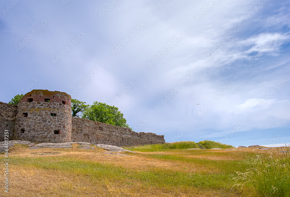 the tower of the  ruin of the ancient castle Hammershus in the north of Bornholm, Denmark

