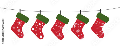 Christmas stocking garland. Home decoration. Red socks for present. Merry Christmas. Cute vector illustration.