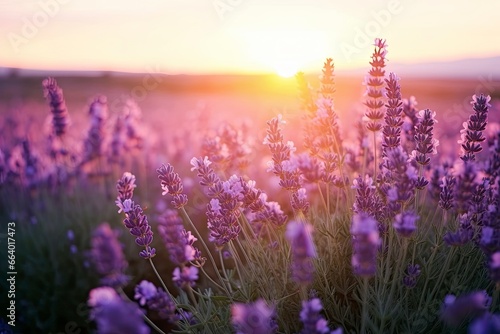 Close up lavender flowers in beautiful field at sunset. © ABGoni