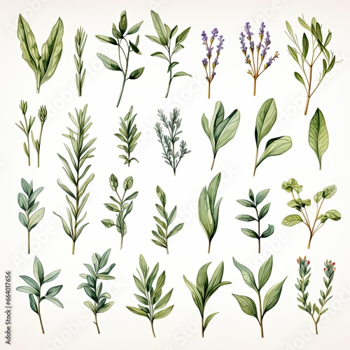 Collection of watercolor herbs clipart on white background.