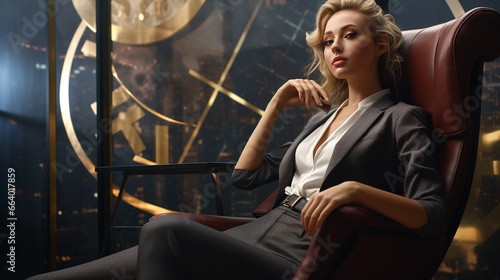 a beautiful strict blonde in a shirt, jacket and trousers sits on a leather office chair and shows with her whole appearance who is the boss here