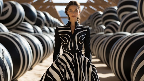A striking woman, dressed in a striped zebra-inspired ensemble, stands tall and confident in the outdoors, exuding a wild and fashion-forward aura