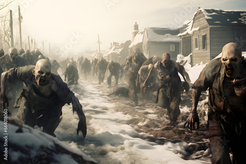zombie horde running at snow covered suburban street at winter day. Neural network generated image. Not based on any actual person or scene.