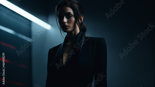 a beautiful studio dark portrait of a strict elegant woman whose face is partially illuminated, it all gives an atmosphere of mystery and mysticism