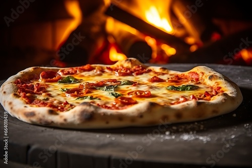 Freshly baked pizza closeup, traditional wood fired oven background.