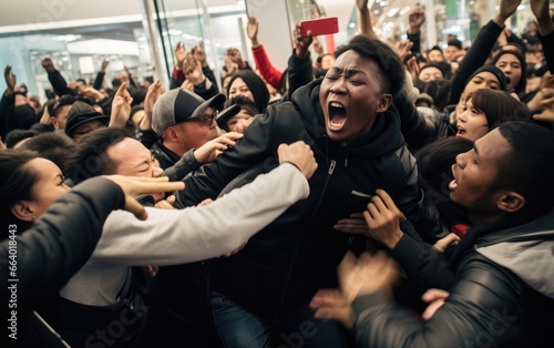 A crowd of people jostle to grab discounted clothes in a shopping center. Black Friday Sale. photo