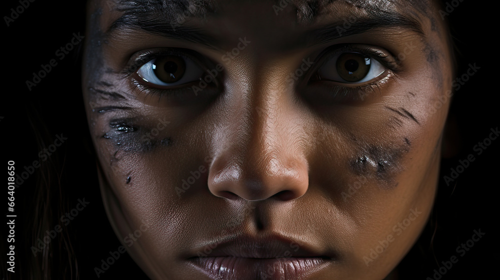 Close-up close-up of a brunette woman with scars on her face Close-up close-up of a brunette woman with scars on her face