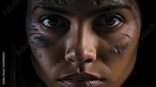 Close-up close-up of a brunette woman with scars on her face