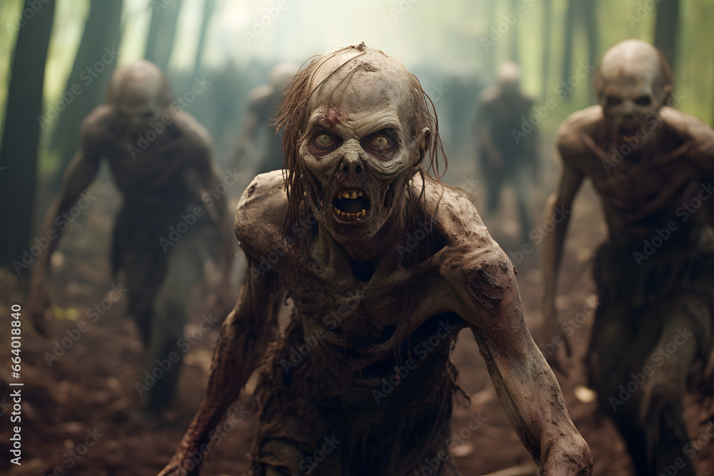 Group of zombies standing in the spring forest at misty day. Neural network generated image. Not based on any actual person, scene or pattern. Group of zombies standing in the spring forest at misty day. Neural network generated image. Not based on any actual person, scene or pattern.