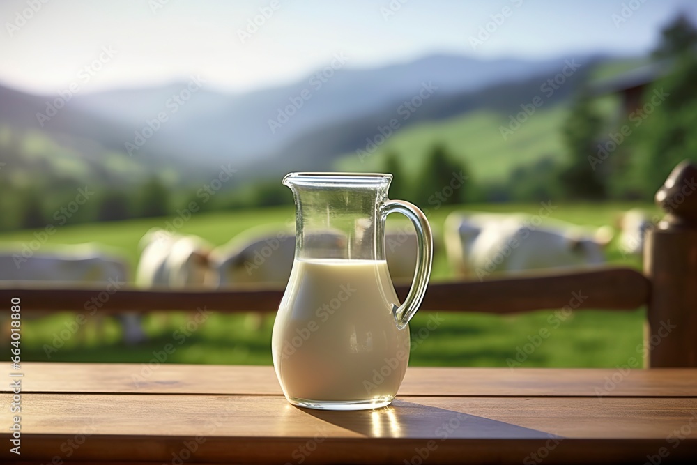Glass pitcher with fresh milk on a wooden table. Glass pitcher with fresh milk on a wooden table.