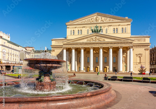 Fountain at Bolshoi theatre (Big theater) in Moscow, Russia