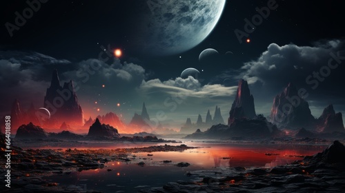 The moonlit sky hung low over a rugged landscape, casting a mesmerizing glow on the rocky terrain and tranquil waters below, while a distant planet loomed in the darkness, beckoning to be explored