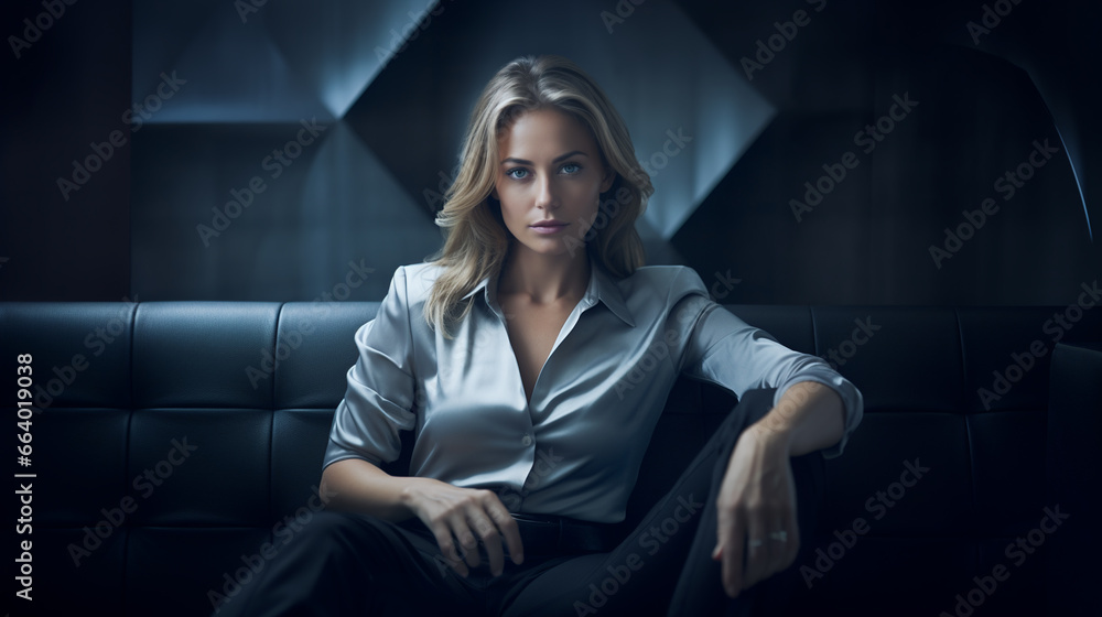 a beautiful strict blonde woman in a shirt and pants sits on the sofa and with all her looks shows who is the boss here, all in dark blue and gray tones a beautiful strict blonde woman in a shirt and pants sits on the sofa and with all her looks shows who is the boss here, all in dark blue and gray tones
