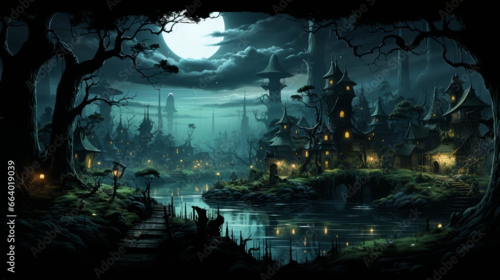 Obraz premium Nature's untamed beauty embraces a brooding river, as a looming castle stands guard over the dark landscape