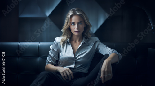 a beautiful strict blonde woman in a shirt and pants sits on the sofa and with all her looks shows who is the boss here, all in dark blue and gray tones photo