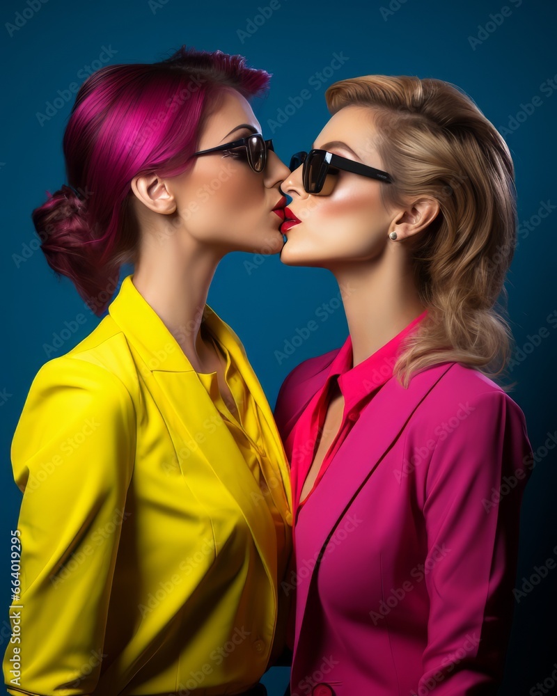 Two women share a passionate outdoor kiss, their fashion-forward sunglasses adding an air of mystery and allure to their stylish embrace