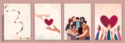Volunteer people group concept banner brochure poster editable template.Raised hands multicultural people.Diverse people holding hands.Solidarity.NGO Aid concept.Heart shape.Volunteerism