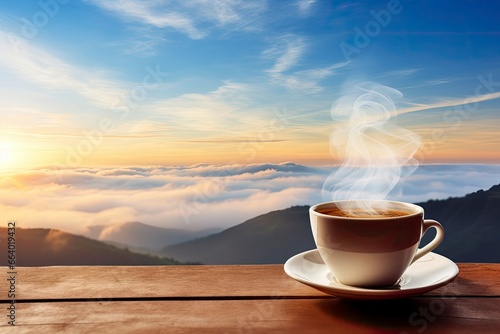 Hot coffee with smoke in the morning under blue sky.