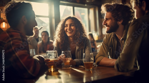 copy space, stockphoto, students in a bar drinking beer or wine. Young adult people in a pub gathering together. Togetherness. Student life. Enjoyment of young adults in a cafe.