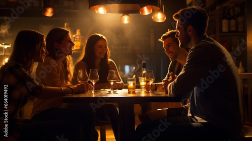 copy space  stockphoto  students in a bar drinking beer or wine. Young adult people in a pub gathering together. Togetherness. Student life. Enjoyment of young adults in a cafe.
