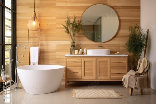Interior of stylish bathroom with wooden cabinet  sink  bathtub  and mirror.