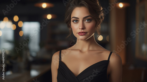 portrait of a beautiful elegant young woman with beautiful eyes in a black evening dress with straps