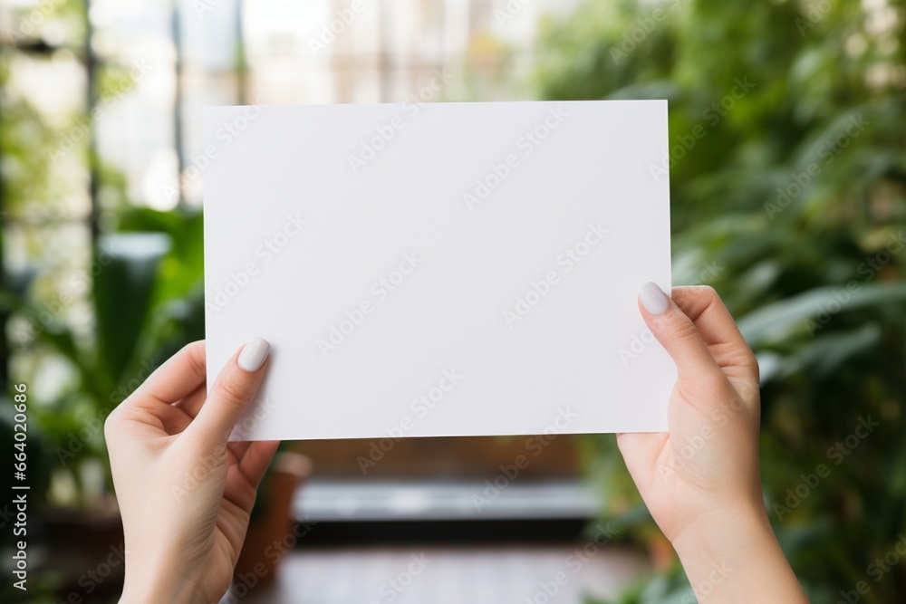 Female hands holding a white paper on a blurred background, Empty white paper holding, Place you text on white paper, a man holding white paper Female hands holding a white paper on a blurred background, Empty white paper holding, Place you text on white paper, a man holding white paper