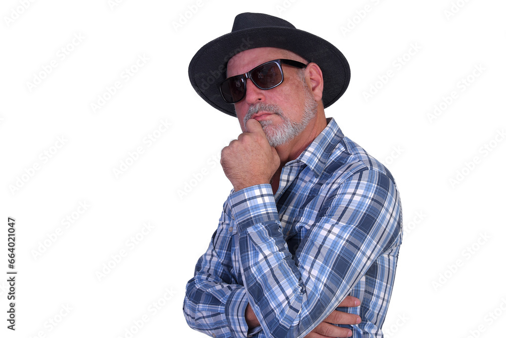 man wearing panama style straw hat with black ribbon isolated on white background, straw hat for woman and man head protection man wearing panama style straw hat with black ribbon isolated on white background, straw hat for woman and man head protection