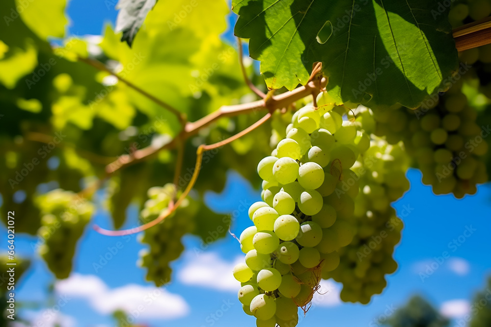 Fototapeta premium Fresh green grapes low angle shoot