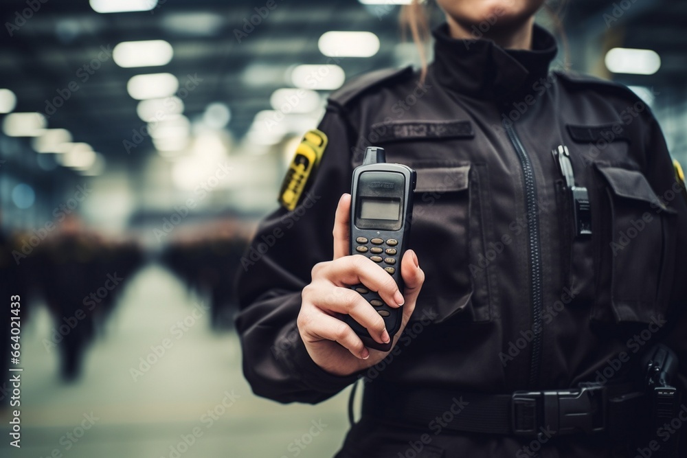 security guard holding portable walkie-talk, security guard with walkie ...